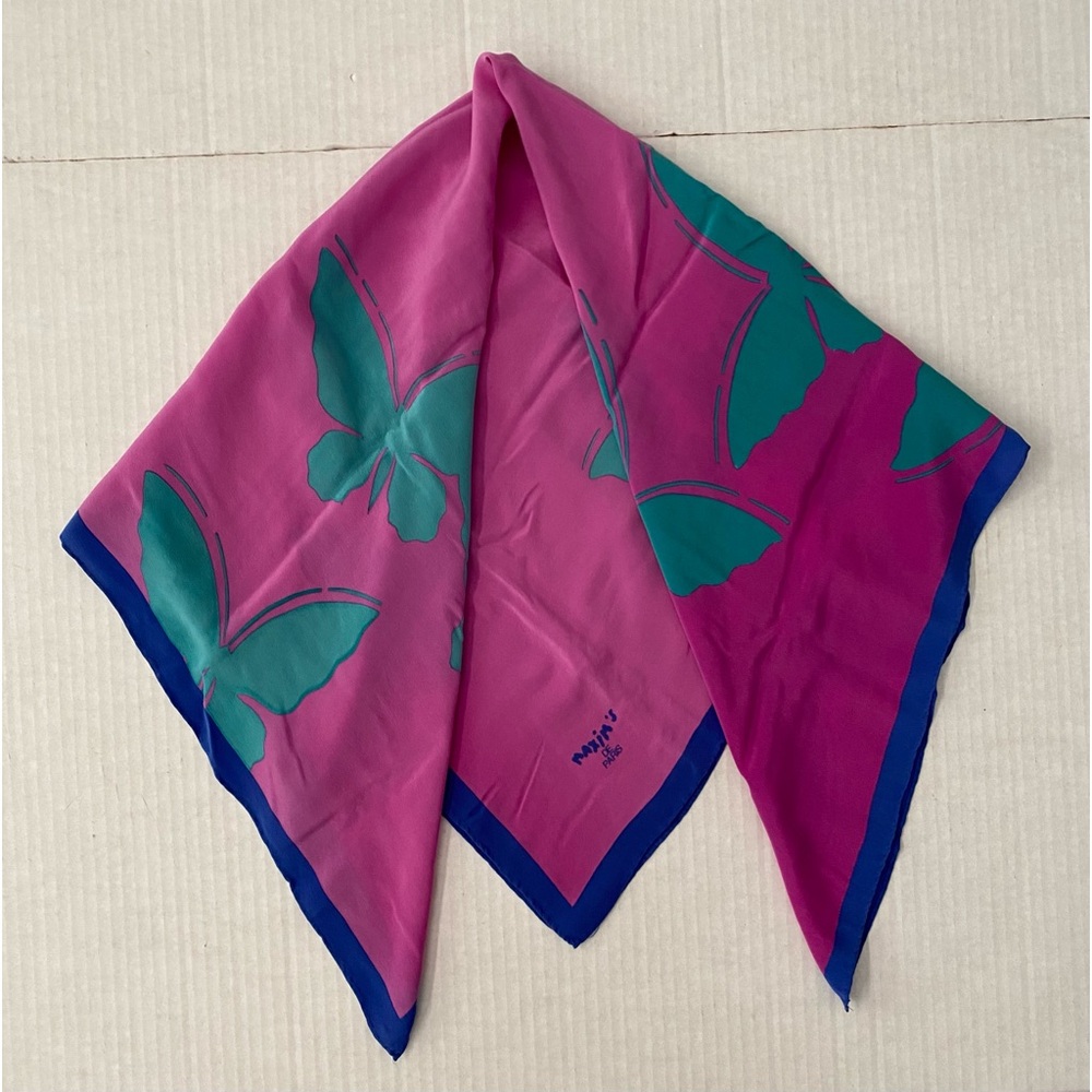Maxim’s De Paris Silk Pink Ombré 33” Square Butterfly Scarf w/Blue Border - Picture 4 of 16